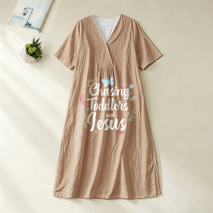 Christianartworkshop "Chasing Toddlers and Jesus" Floral & Butterfly Print V-Neck Short Sleeve Midi Dress - Khaki - 4XL - image 8