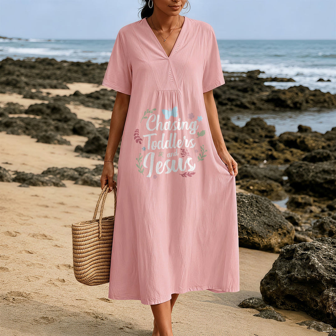 Christianartworkshop "Chasing Toddlers and Jesus" Floral & Butterfly Print V-Neck Short Sleeve Midi Dress - image 11