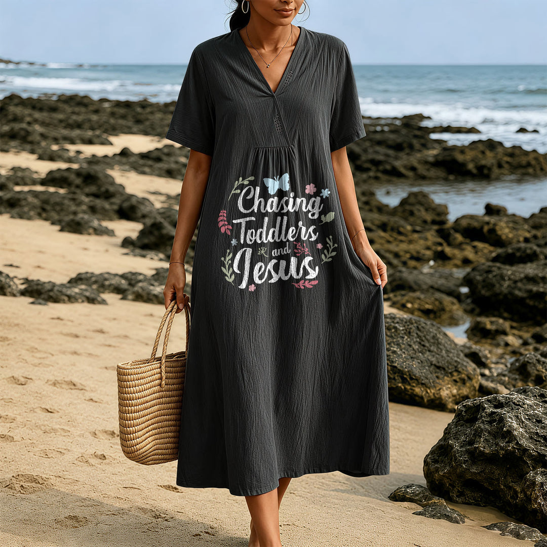 Christianartworkshop "Chasing Toddlers and Jesus" Floral & Butterfly Print V-Neck Short Sleeve Midi Dress - image 1