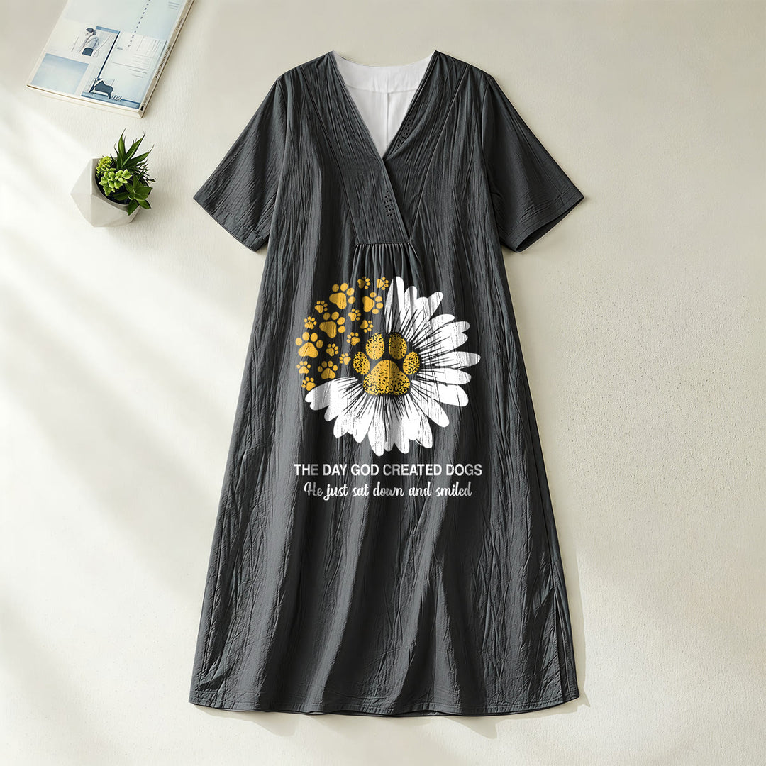 Christianartworkshop "The Day God Created Dogs" Daisy & Paw Print V-Neck Short Sleeve Midi Dress - Black - 4XL - image 3