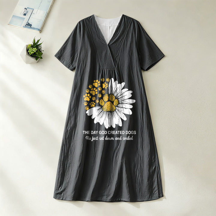Christianartworkshop "The Day God Created Dogs" Daisy & Paw Print V-Neck Short Sleeve Midi Dress - Black - 4XL - image 3