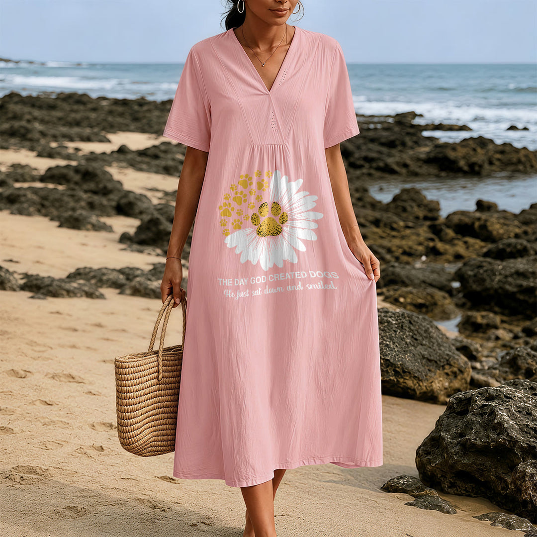 Christianartworkshop "The Day God Created Dogs" Daisy & Paw Print V-Neck Short Sleeve Midi Dress - image 12