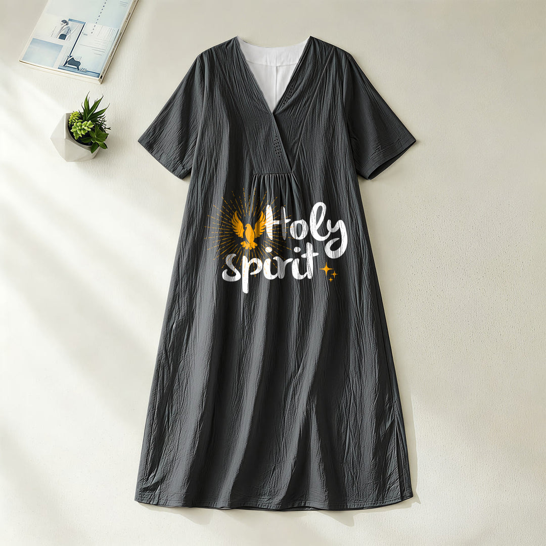 Christianartworkshop "Holy Spirit" Dove & Sunburst Print V-Neck Short Sleeve Midi Dress - Black - 4XL - image 4