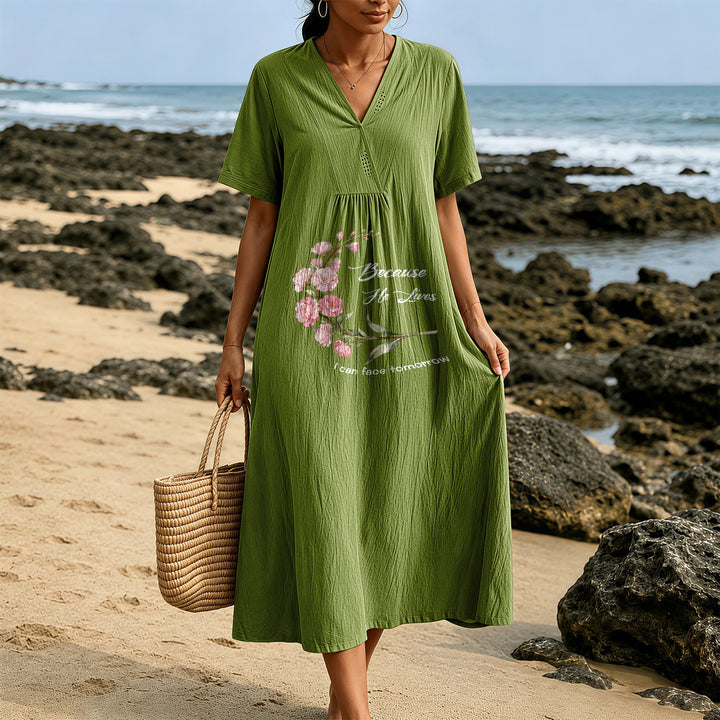 Christianartworkshop "Because He Lives I Can Face Tomorrow" Floral Branch Print V-Neck Short Sleeve Midi Dress - image 9