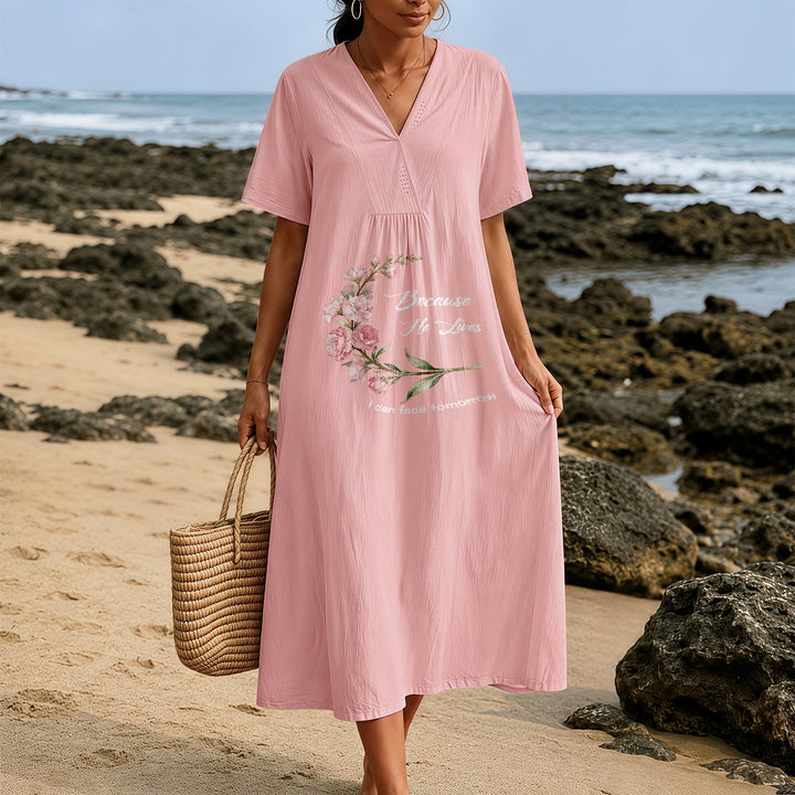 Christianartworkshop "Because He Lives I Can Face Tomorrow" Floral Branch Print V-Neck Short Sleeve Midi Dress - image 1