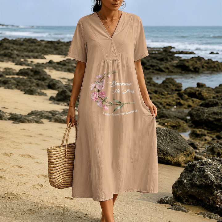 Christianartworkshop "Because He Lives I Can Face Tomorrow" Floral Branch Print V-Neck Short Sleeve Midi Dress - image 11
