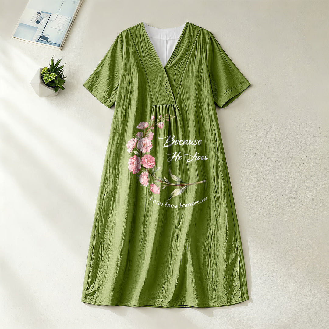 Christianartworkshop "Because He Lives I Can Face Tomorrow" Floral Branch Print V-Neck Short Sleeve Midi Dress - Olive Green - 4XL - image 8