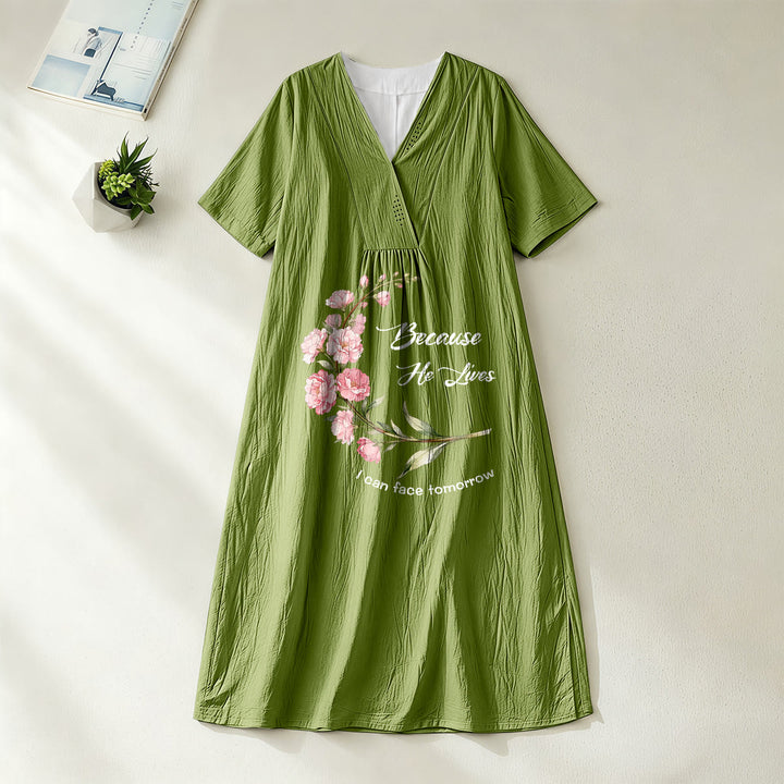 Christianartworkshop "Because He Lives I Can Face Tomorrow" Floral Branch Print V-Neck Short Sleeve Midi Dress - Olive Green - 4XL - image 8