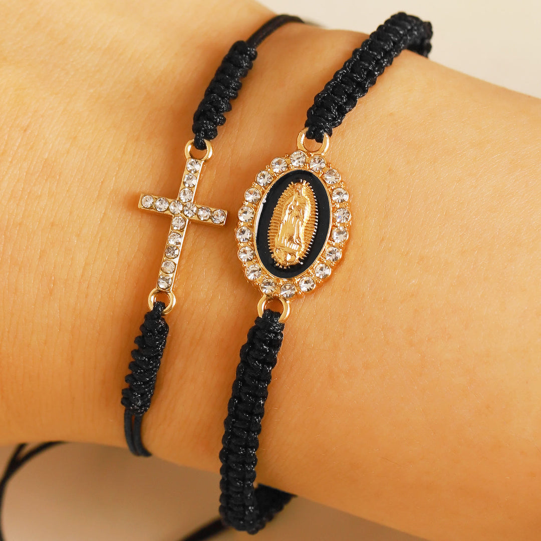 Christianartworkshop Dual Braided Cord Bracelet Set with Zircon-Encrusted Cross & Rhinestone Halo Our Lady Medal - Black - image 5