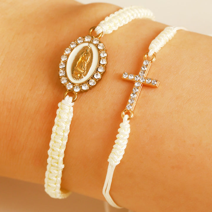 Christianartworkshop Dual Braided Cord Bracelet Set with Zircon-Encrusted Cross & Rhinestone Halo Our Lady Medal - White - image 4