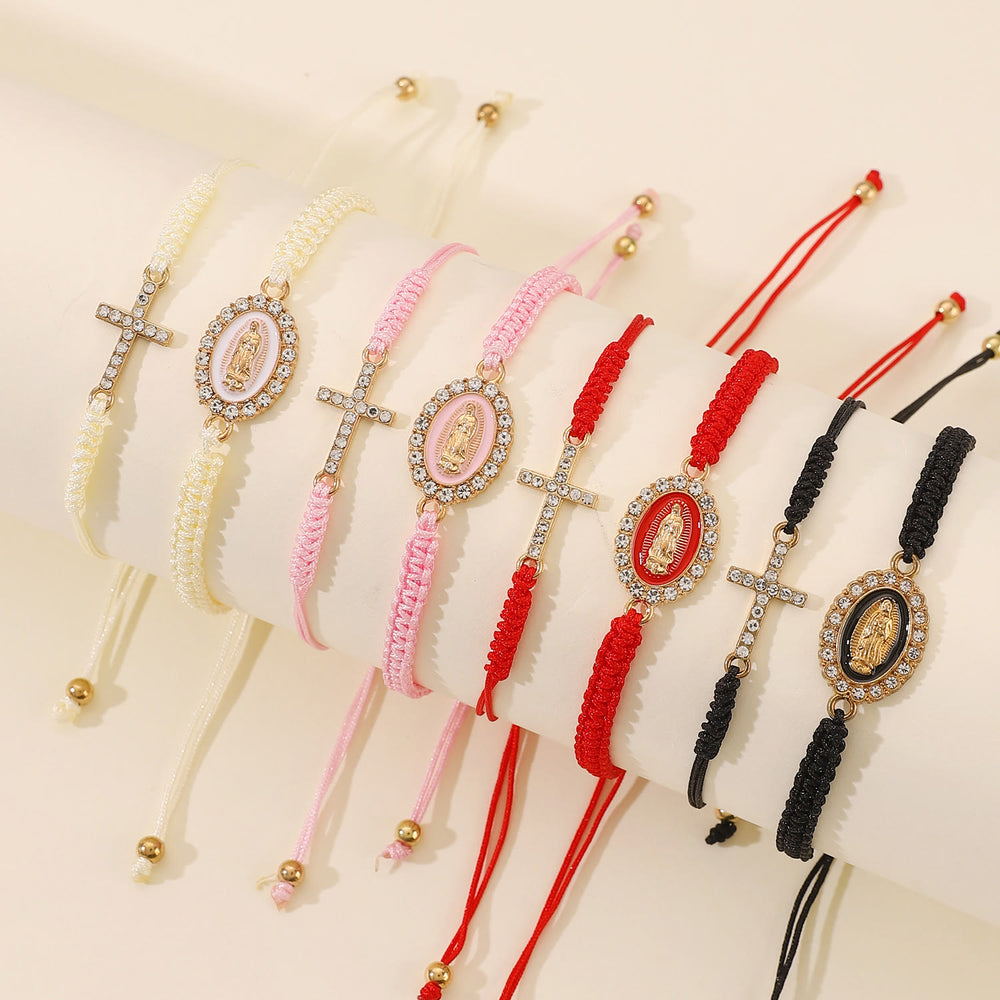 Christianartworkshop Dual Braided Cord Bracelet Set with Zircon-Encrusted Cross & Rhinestone Halo Our Lady Medal - image 1