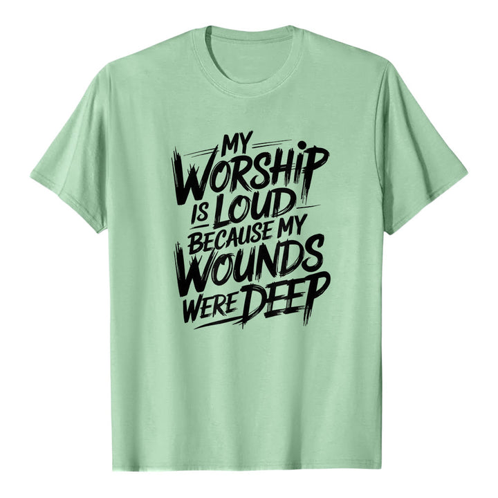 Christianartworkshop "My Worship Is Loud Because My Wounds Were Deep" Bold Typography Faith Premium Short Sleeve T-Shirt - Light Green - 2XL - image 6