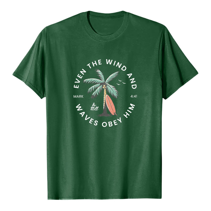 Christianartworkshop Mark 4:41 "Even The Wind And Waves Obey Him" Beach Graphic Premium Short Sleeve T-Shirt - Dark Green - 2XL - image 0