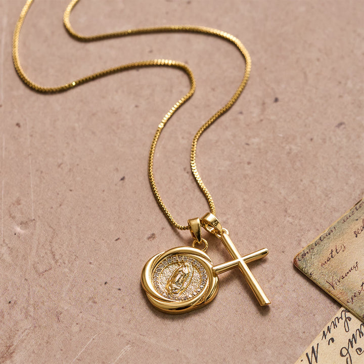 Christianartworkshop Double Pendant Necklace with Zircon-Encircled Our Lady Medallion & Polished Cross Charm - image 2