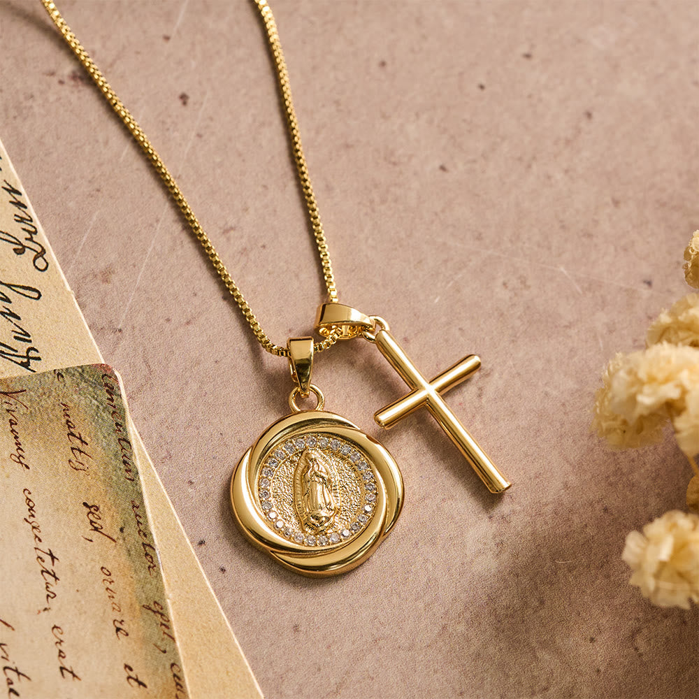 Christianartworkshop Double Pendant Necklace with Zircon-Encircled Our Lady Medallion & Polished Cross Charm - image 5