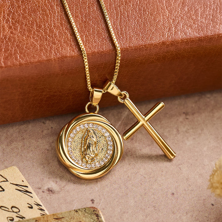 Christianartworkshop Double Pendant Necklace with Zircon-Encircled Our Lady Medallion & Polished Cross Charm - image 3