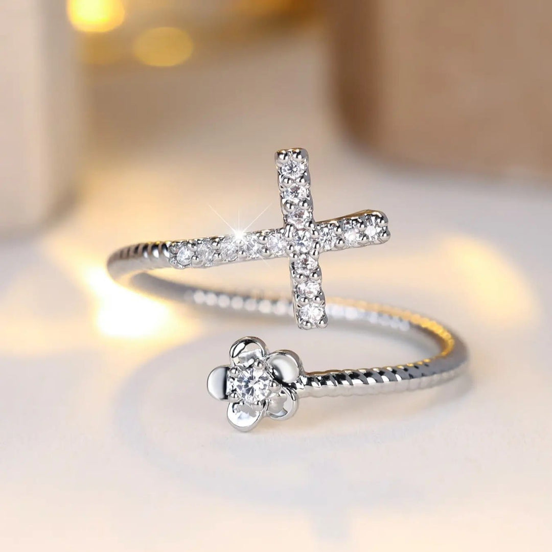 Christianartworkshop Open Cuff Ring with Pave Zircon Cross and Flower Zircon Accent: A Symbol of Tender Grace & Steadfast Sacred Faith - Silver(Suitable for US 5-9) - image 3