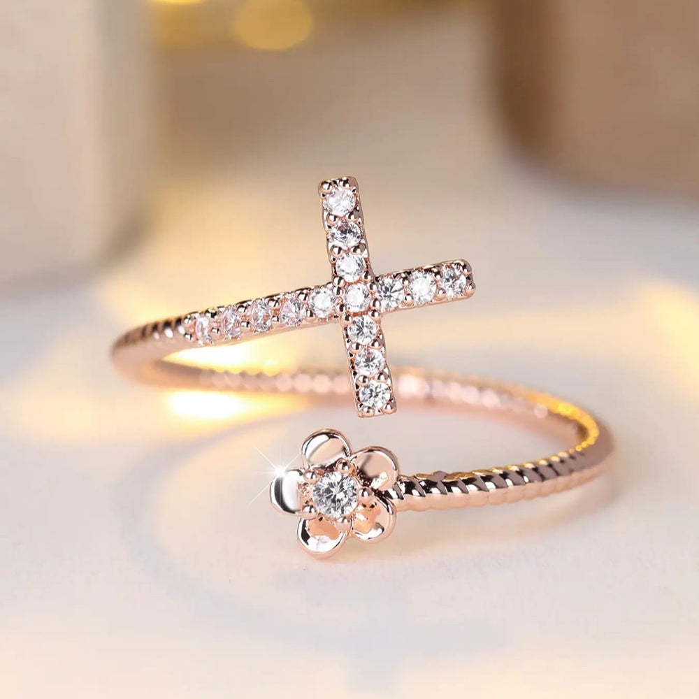 Christianartworkshop Open Cuff Ring with Pave Zircon Cross and Flower Zircon Accent: A Symbol of Tender Grace & Steadfast Sacred Faith - image 1