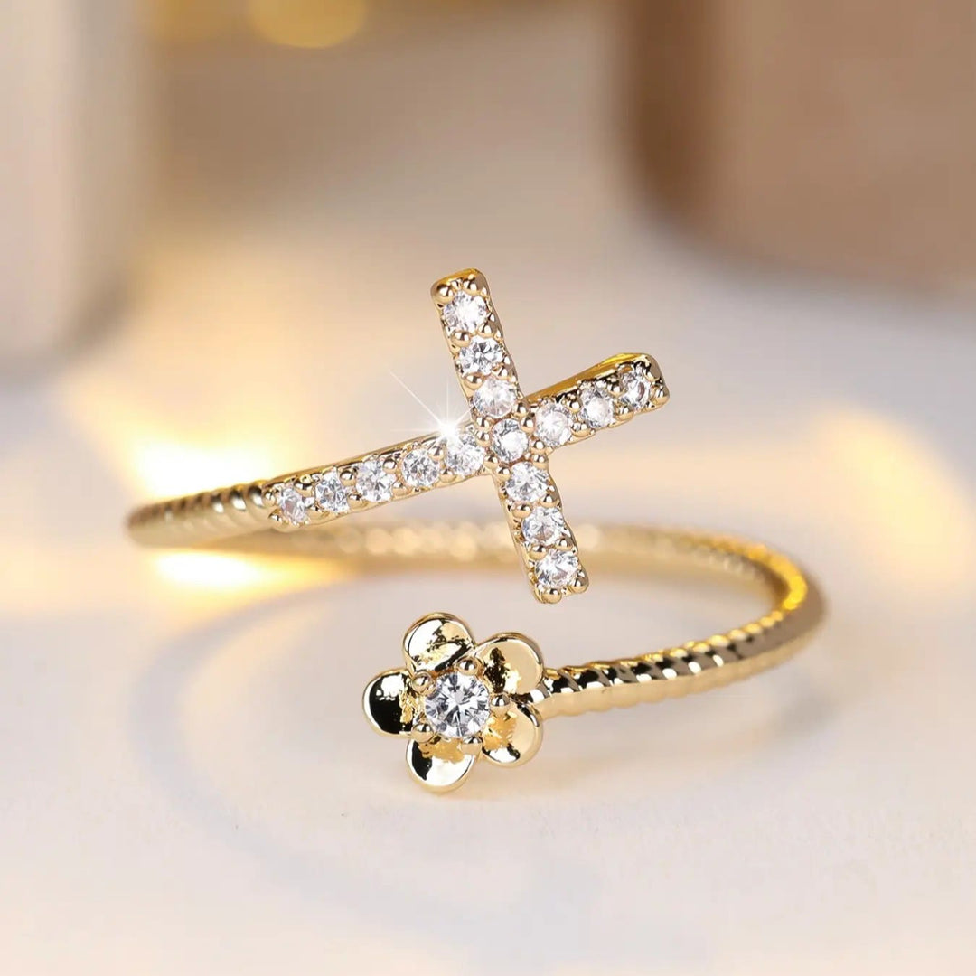Christianartworkshop Open Cuff Ring with Pave Zircon Cross and Flower Zircon Accent: A Symbol of Tender Grace & Steadfast Sacred Faith - Golden(Suitable for US 5-9) - image 2