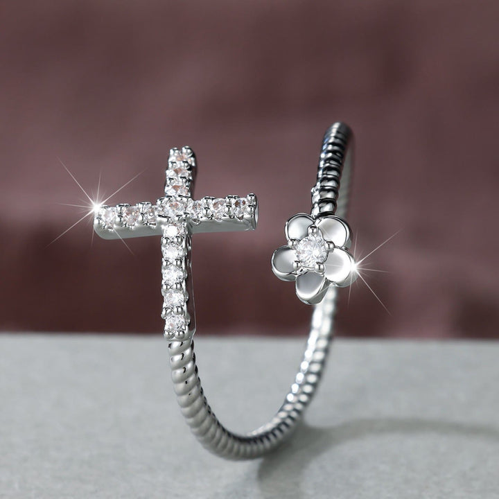 Christianartworkshop Open Cuff Ring with Pave Zircon Cross and Flower Zircon Accent: A Symbol of Tender Grace & Steadfast Sacred Faith - image 9