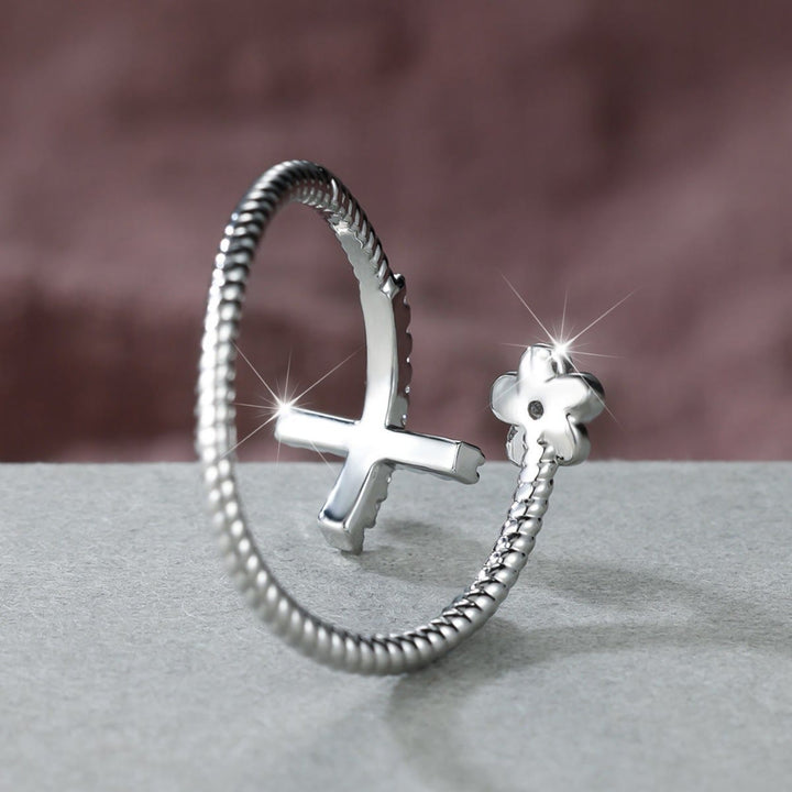 Christianartworkshop Open Cuff Ring with Pave Zircon Cross and Flower Zircon Accent: A Symbol of Tender Grace & Steadfast Sacred Faith - image 10