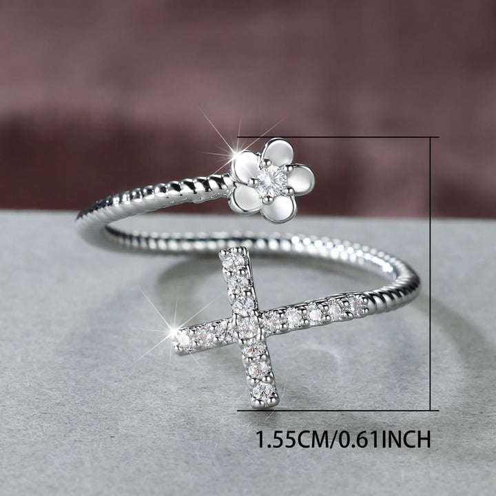 Christianartworkshop Open Cuff Ring with Pave Zircon Cross and Flower Zircon Accent: A Symbol of Tender Grace & Steadfast Sacred Faith - image 13