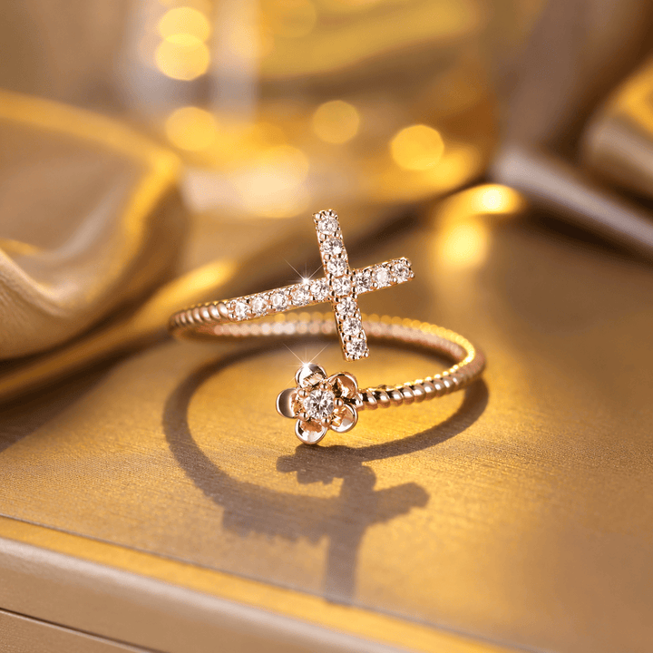 Christianartworkshop Open Cuff Ring with Pave Zircon Cross and Flower Zircon Accent: A Symbol of Tender Grace & Steadfast Sacred Faith - Rosegold(Suitable for US 5-9) - image 0