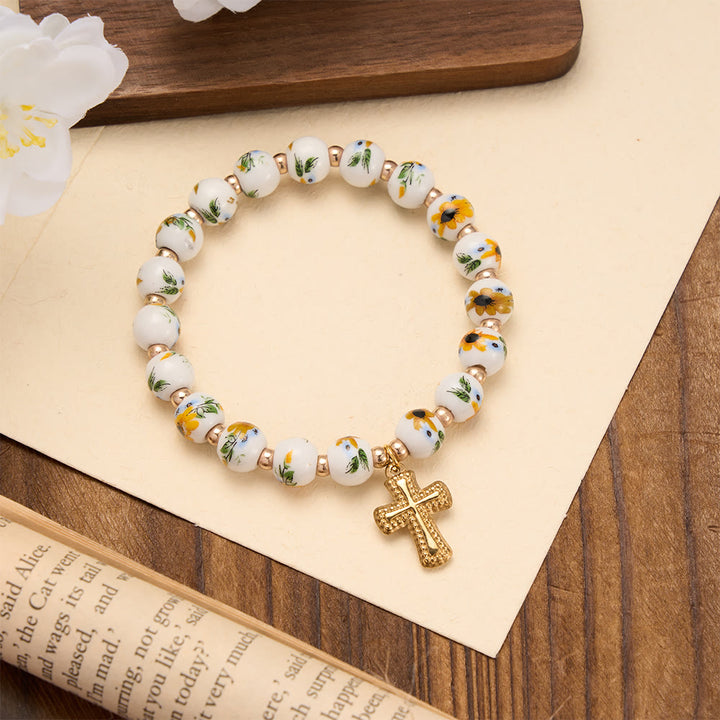 Christianartworkshop 4-Style Floral Ceramic Bead Stretch Bracelet with Gold-Tone Cross Charm: A Symbol of Gentle Heavenly Grace - Yellow - image 4