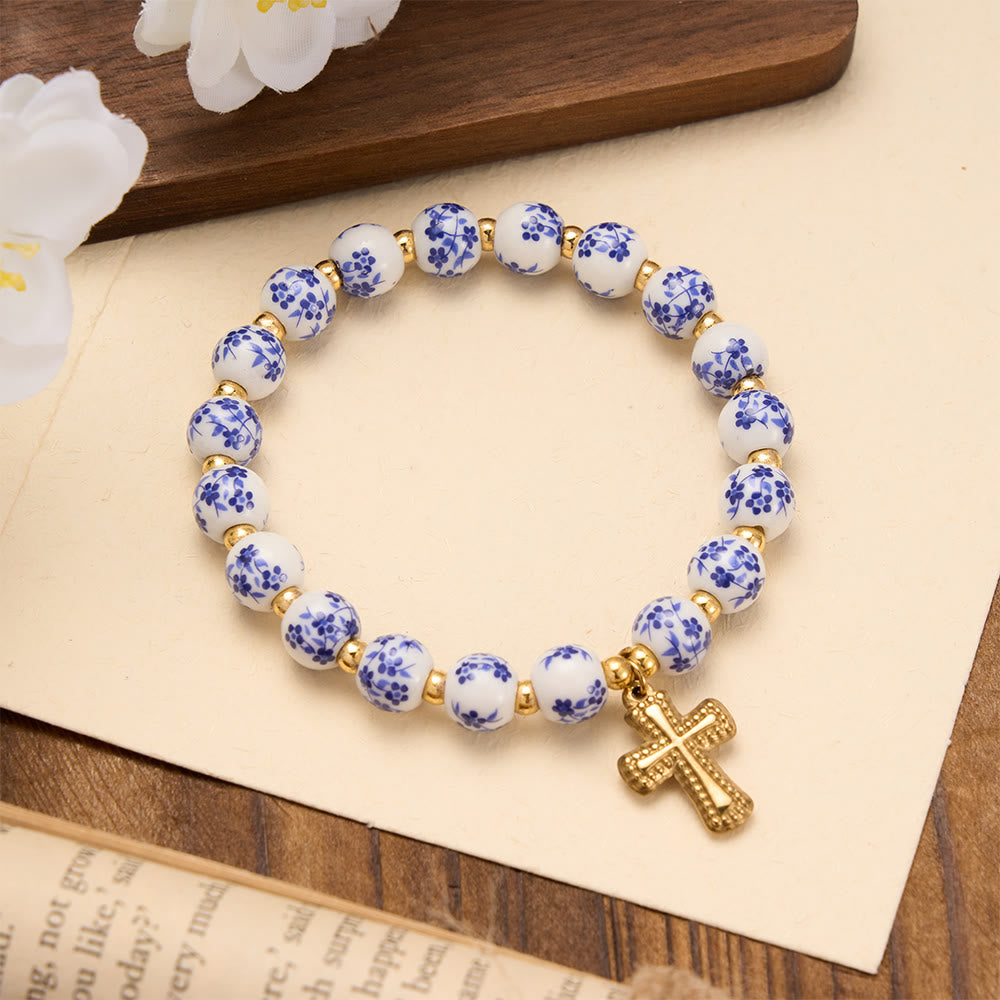 Christianartworkshop 4-Style Floral Ceramic Bead Stretch Bracelet with Gold-Tone Cross Charm: A Symbol of Gentle Heavenly Grace - Blue - image 2