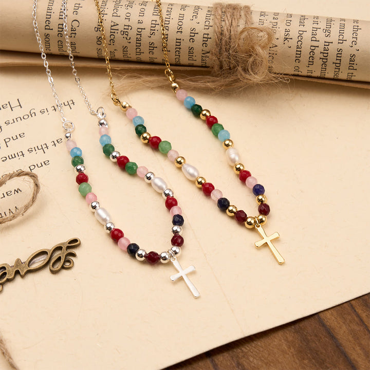 Christianartworkshop Colorful Beaded Necklace with Simple Cross Pendant: A Symbol of Vibrant Sacred Grace & Steadfast Faith - image 0