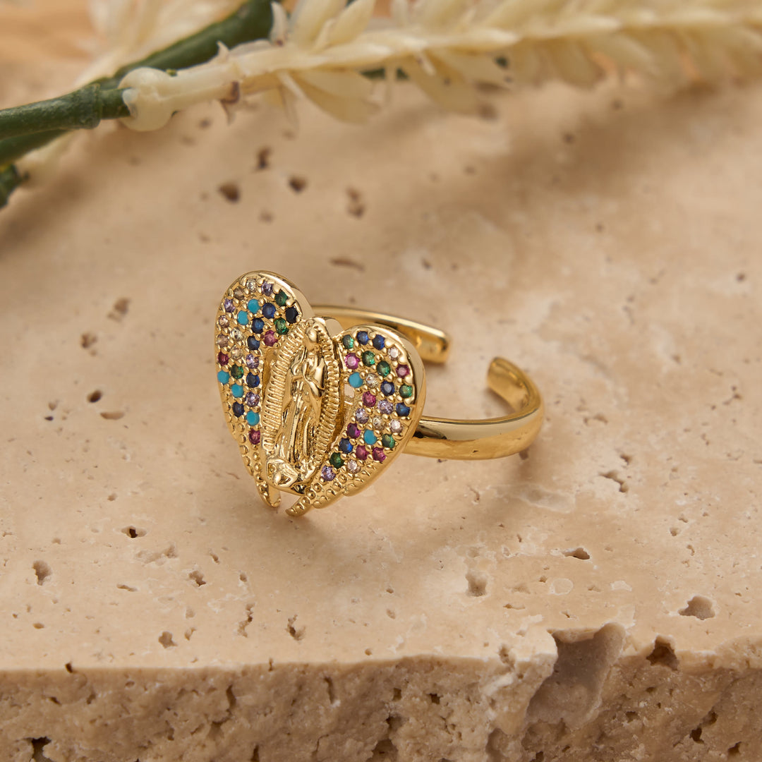 Christianartworkshop Adjustable Open Ring with Colorful Zircon Halo Our Lady of Guadalupe Charm: A Symbol of Tender Maternal Grace - image 1