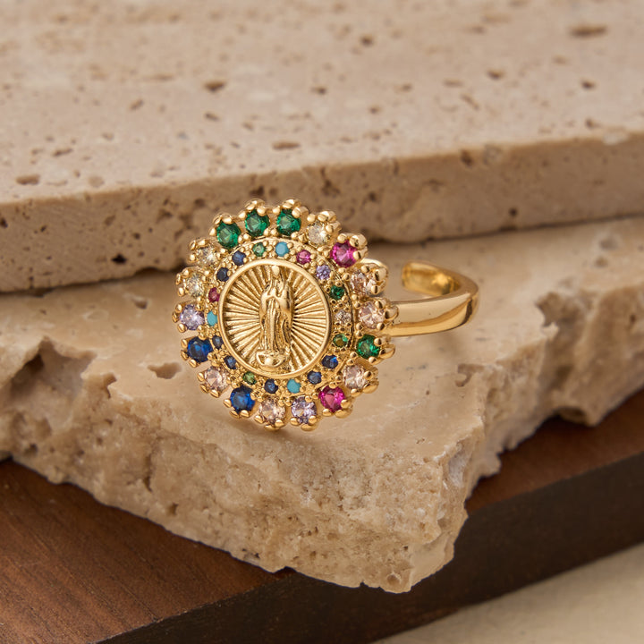 Christianartworkshop Adjustable Open Ring with Colorful Zircon Halo Our Lady of Guadalupe Charm: A Symbol of Tender Maternal Grace - Round(Suitable for US 6-9) - image 5