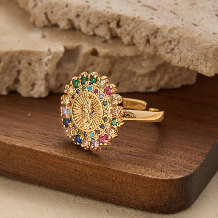 Christianartworkshop Adjustable Open Ring with Colorful Zircon Halo Our Lady of Guadalupe Charm: A Symbol of Tender Maternal Grace - image 9