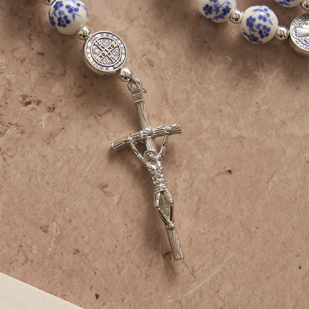Christianartworkshop Blue & White Floral Ceramic Rosary with St. Benedict Medals & Our Lady - image 5