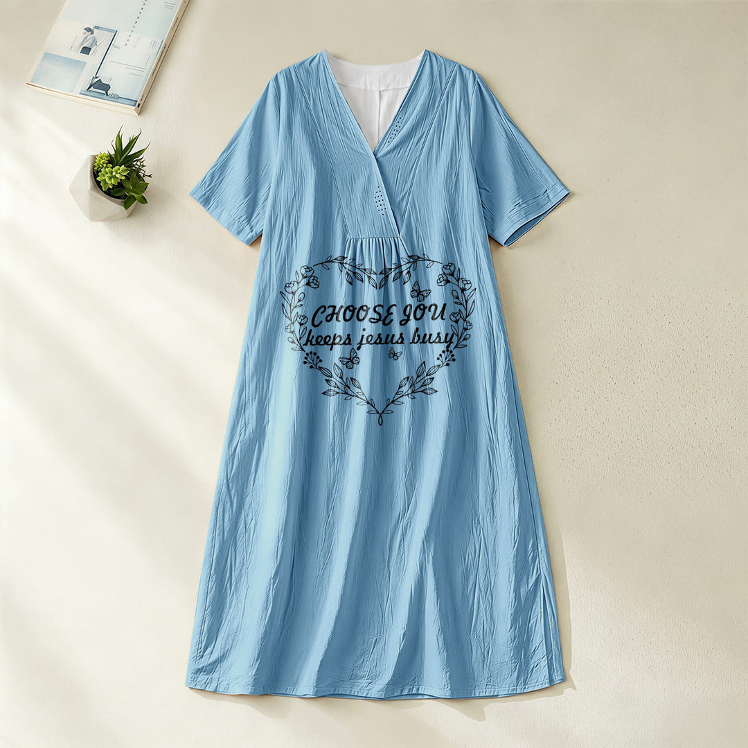 Christianartworkshop Plain Tone Love Scripture Rainbow Heart Slogan V-Neck Short Sleeve Midi Dress - Blue - 4XL - image 4