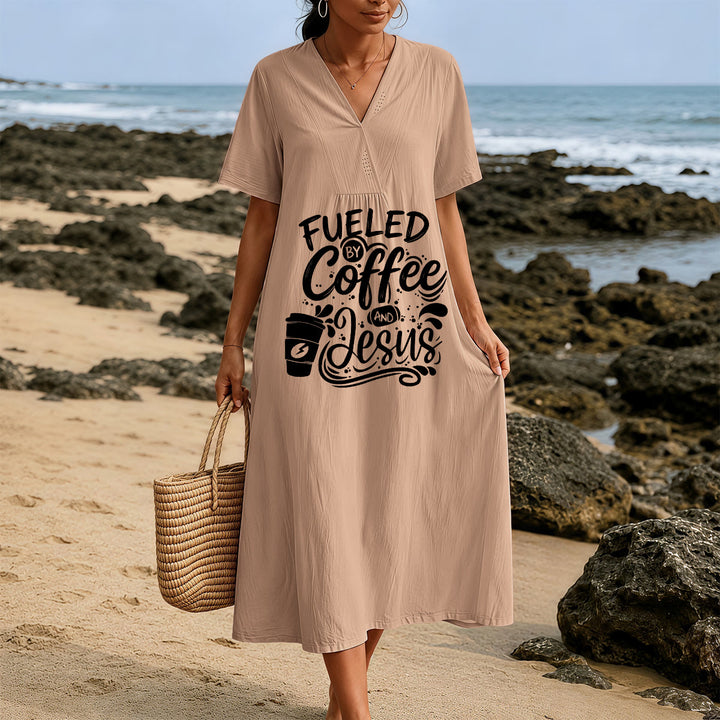 Christianartworkshop "Fueled by Coffee and Jesus" Calligraphy & Coffee Cup Print V-Neck Short Sleeve Midi Dress - image 1