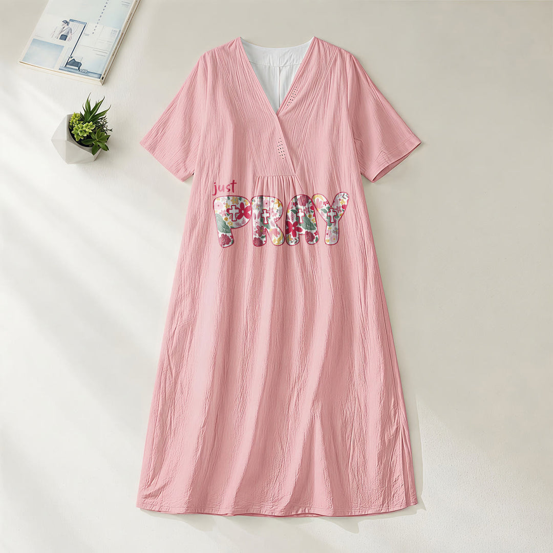 Christianartworkshop Floral & Cross Pattern "Just Pray" Statement V-Neck Short Sleeve Midi Dress - Pink - 4XL - image 20