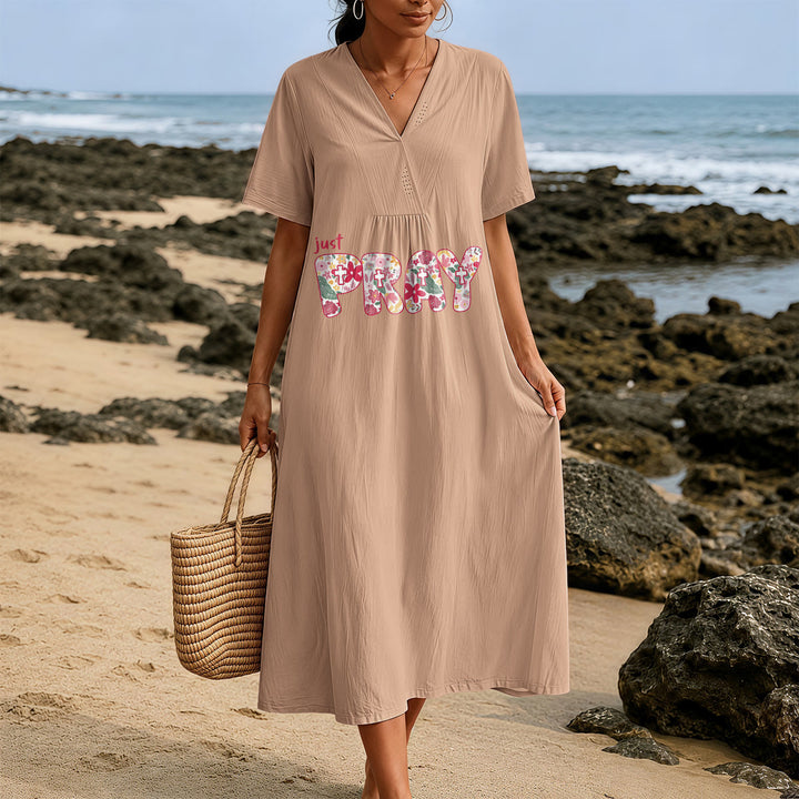 Christianartworkshop Floral & Cross Pattern "Just Pray" Statement V-Neck Short Sleeve Midi Dress - image 13