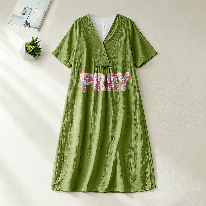 Christianartworkshop Floral & Cross Pattern "Just Pray" Statement V-Neck Short Sleeve Midi Dress - Olive Green - 4XL - image 8