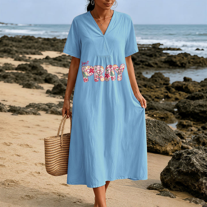 Christianartworkshop Floral & Cross Pattern "Just Pray" Statement V-Neck Short Sleeve Midi Dress - image 5