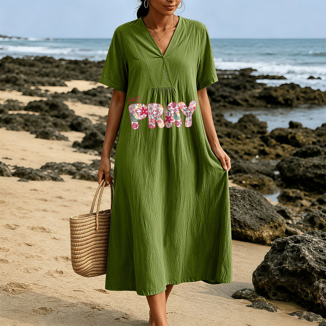 Christianartworkshop Floral & Cross Pattern "Just Pray" Statement V-Neck Short Sleeve Midi Dress - image 9