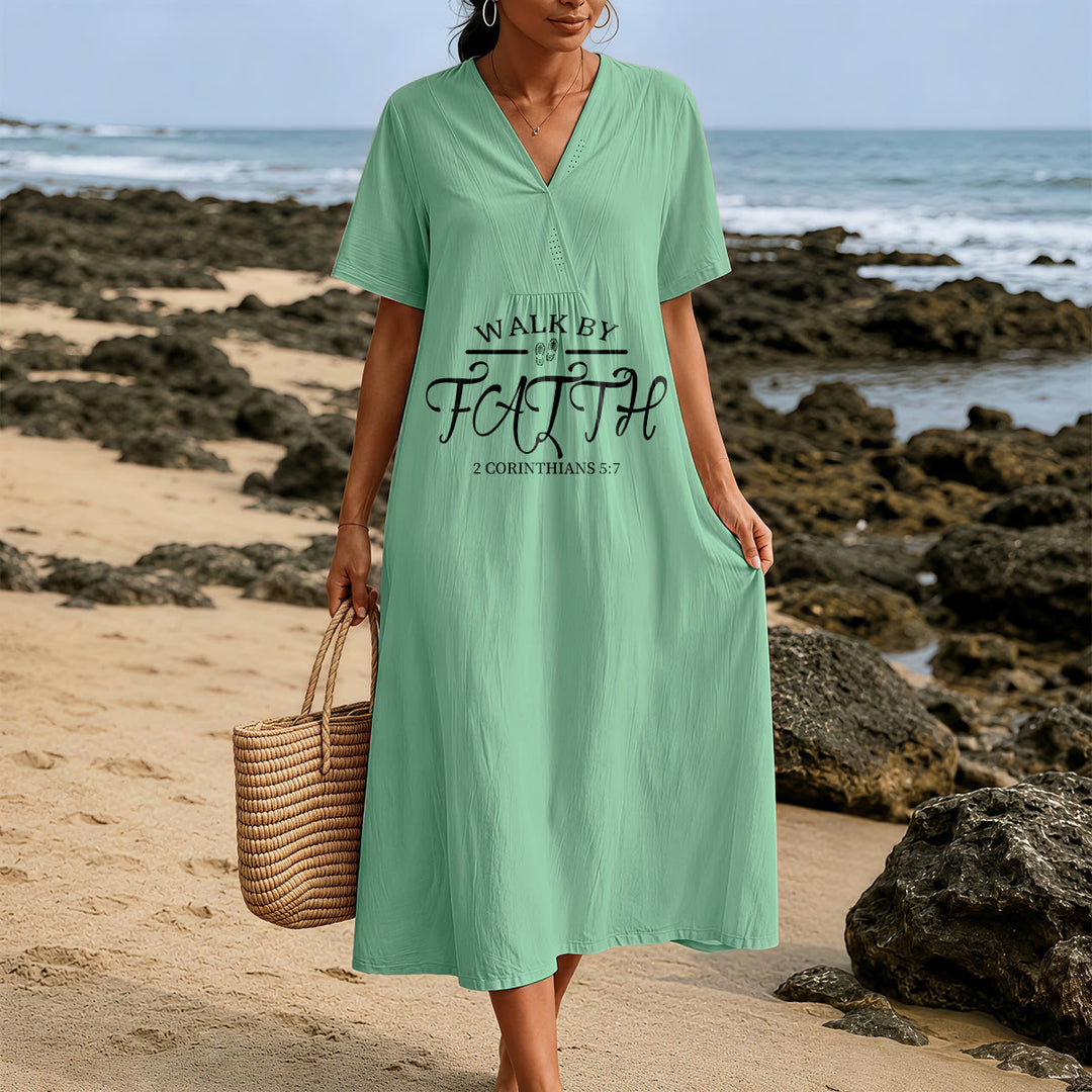 Christianartworkshop "Walk by Faith" 2 Corinthians 5:7 Scripture Print V-Neck Short Sleeve Midi Dress - image 5