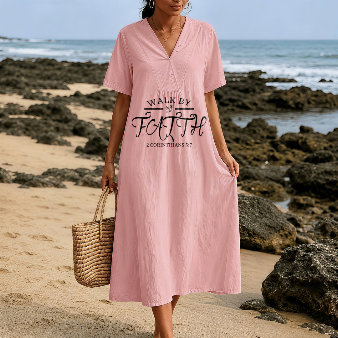 Christianartworkshop "Walk by Faith" 2 Corinthians 5:7 Scripture Print V-Neck Short Sleeve Midi Dress - image 1