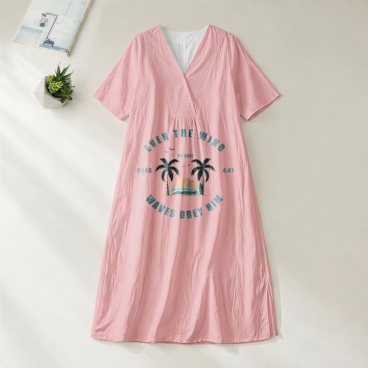 Christianartworkshop Coastal Faith Verse Palm Tree & Sunset Graphic V-Neck Short Sleeve Midi Dress - Pink - 4XL - image 20