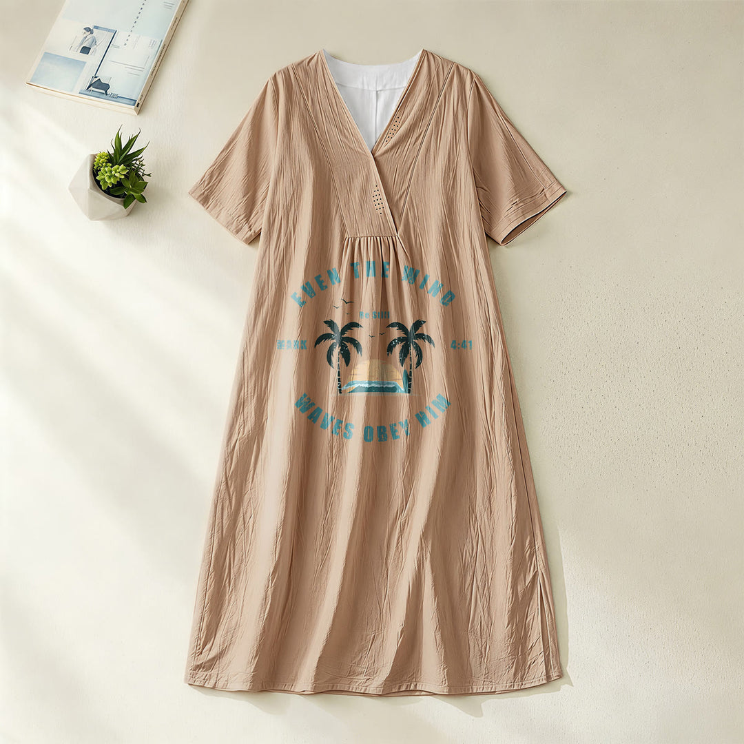 Christianartworkshop Coastal Faith Verse Palm Tree & Sunset Graphic V-Neck Short Sleeve Midi Dress - Khaki - 4XL - image 12