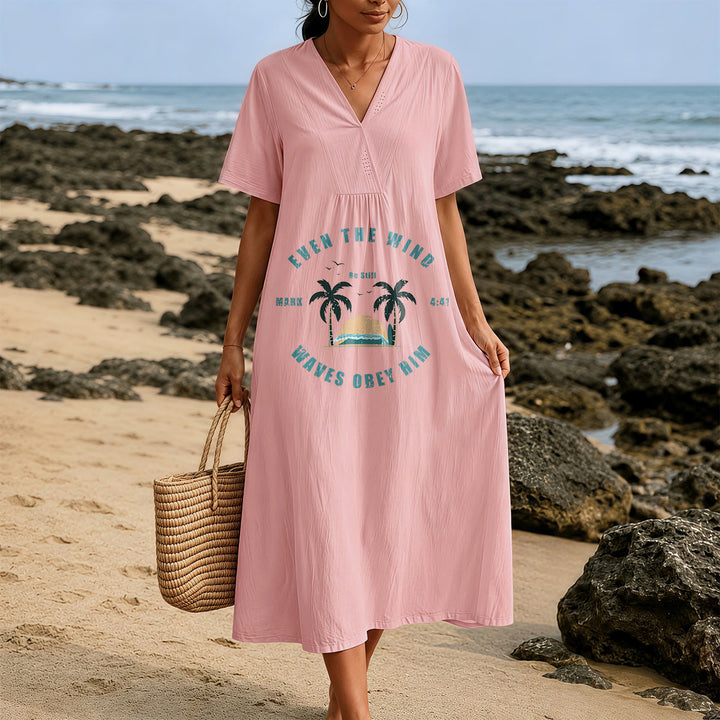 Christianartworkshop Coastal Faith Verse Palm Tree & Sunset Graphic V-Neck Short Sleeve Midi Dress - image 21