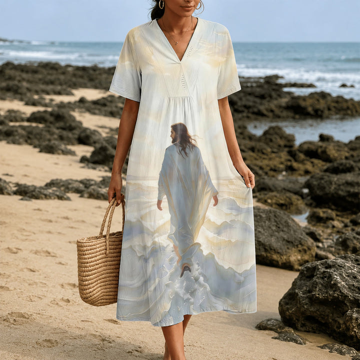 Christianartworkshop Faithful "Jesus Walks On Water" Scenic V-Neck Short Sleeve Midi Dress - image 2