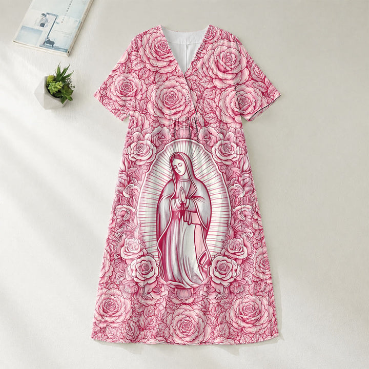 Christianartworkshop "Our Lady of Guadalupe" & Roses Devotional V-Neck Short Sleeve Midi Dress - 4XL - image 0