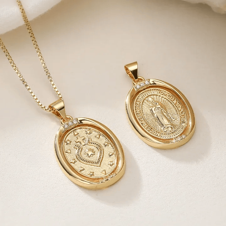 Christianartworkshop Reversible Spinning Oval Pendant Necklace with Our Lady of Guadalupe & Sacred Heart Designs - image 2
