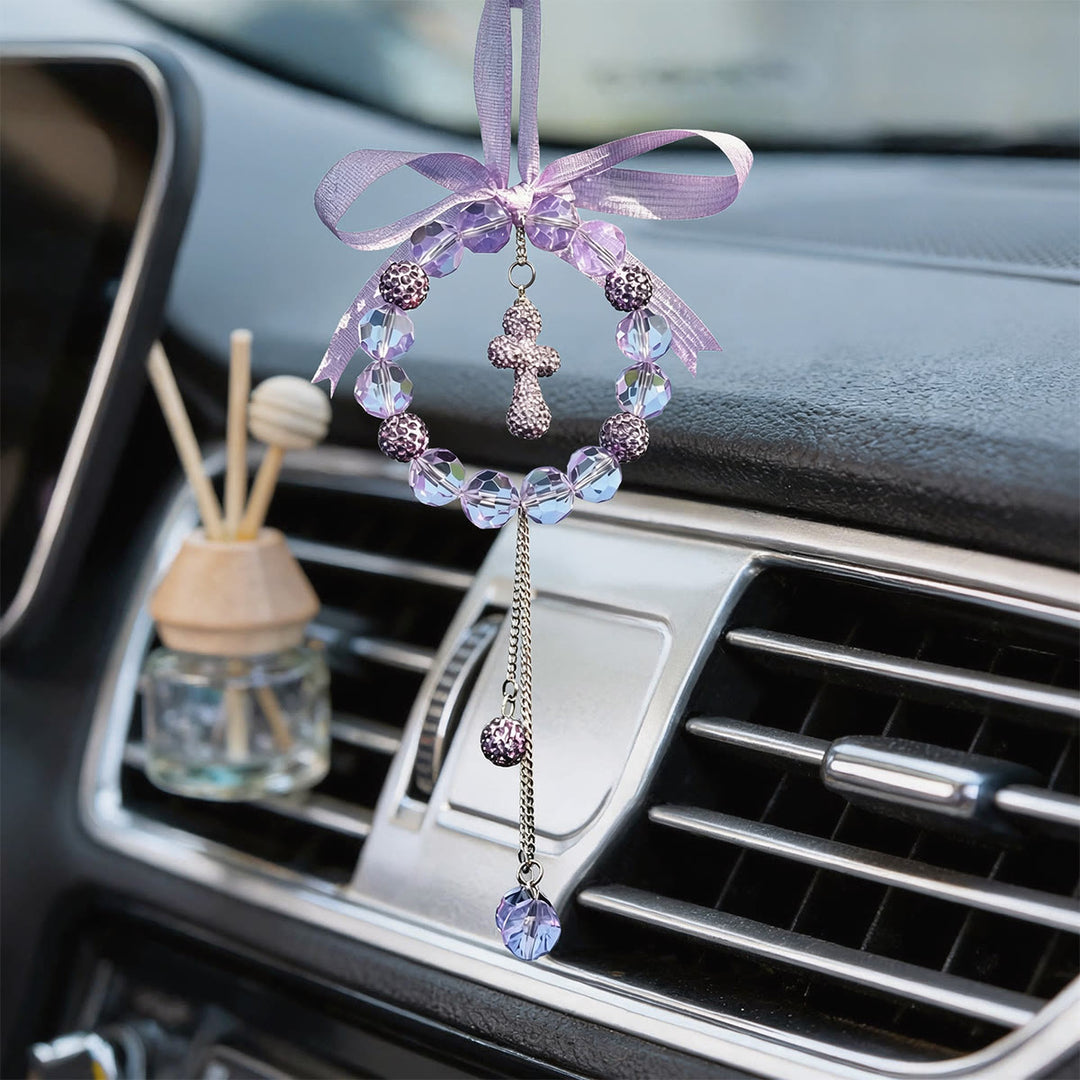 Christianartworkshop Bow-Adorned Crystal Wreath Cross Car Pendant: A Symbol of Sheltering Grace & Safe Journey Faith - image 4
